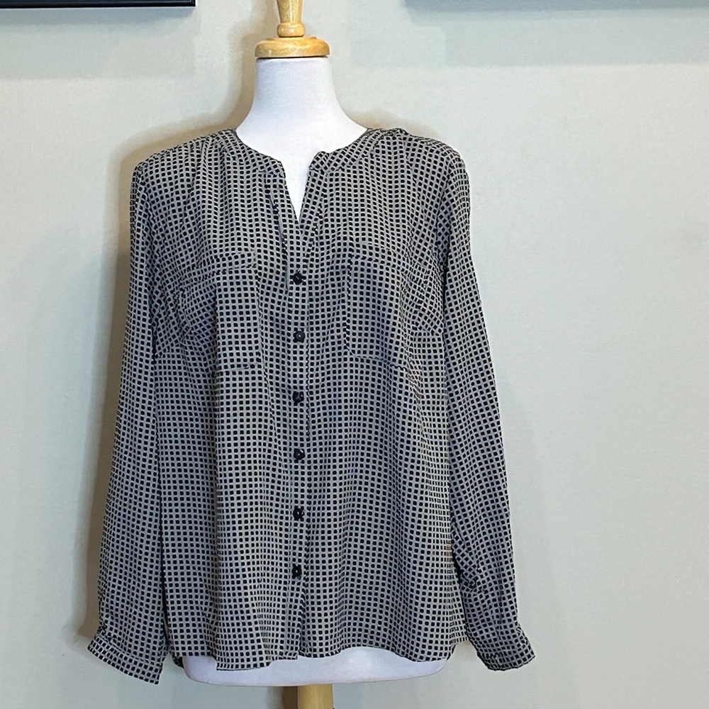 Kim Rogers | NWT Size 3X Tan/Black Mini-Box Print Blouse
